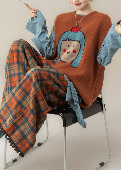 Conjunto de camiseta y pantalón de punto con cuello redondo de estilo japonés naranja y dibujos animados para primavera