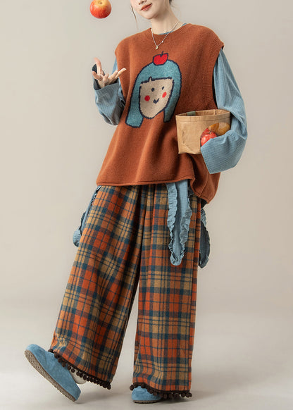 Conjunto de camiseta y pantalón de punto con cuello redondo de estilo japonés naranja y dibujos animados para primavera