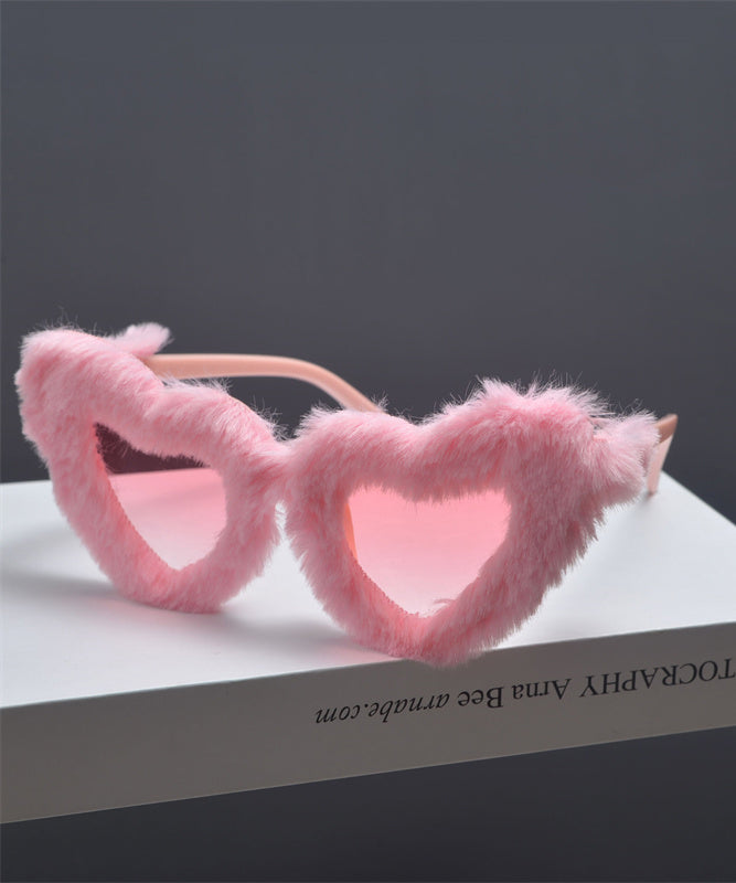 Japanese Style Pink Fur Decorative Large Frame Heart-Shaped Sunglasses