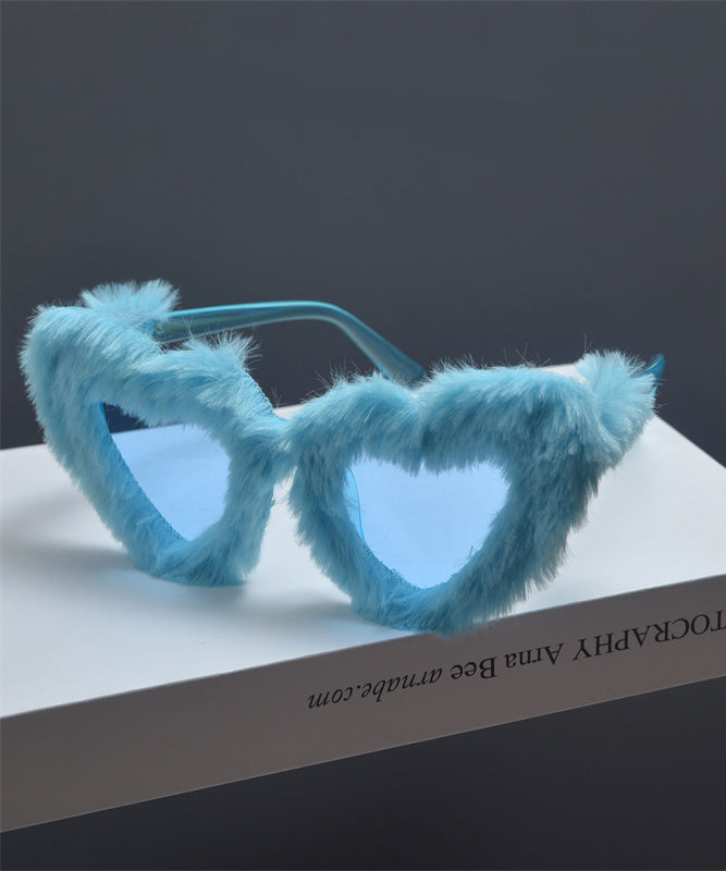 Japanese Style Pink Fur Decorative Large Frame Heart-Shaped Sunglasses