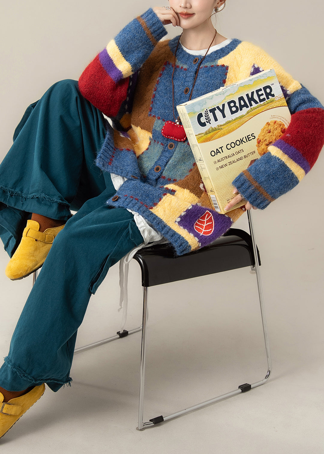 Japanischer Stil Karopullover-Mantel T-Shirt-Hosen-Set Winter