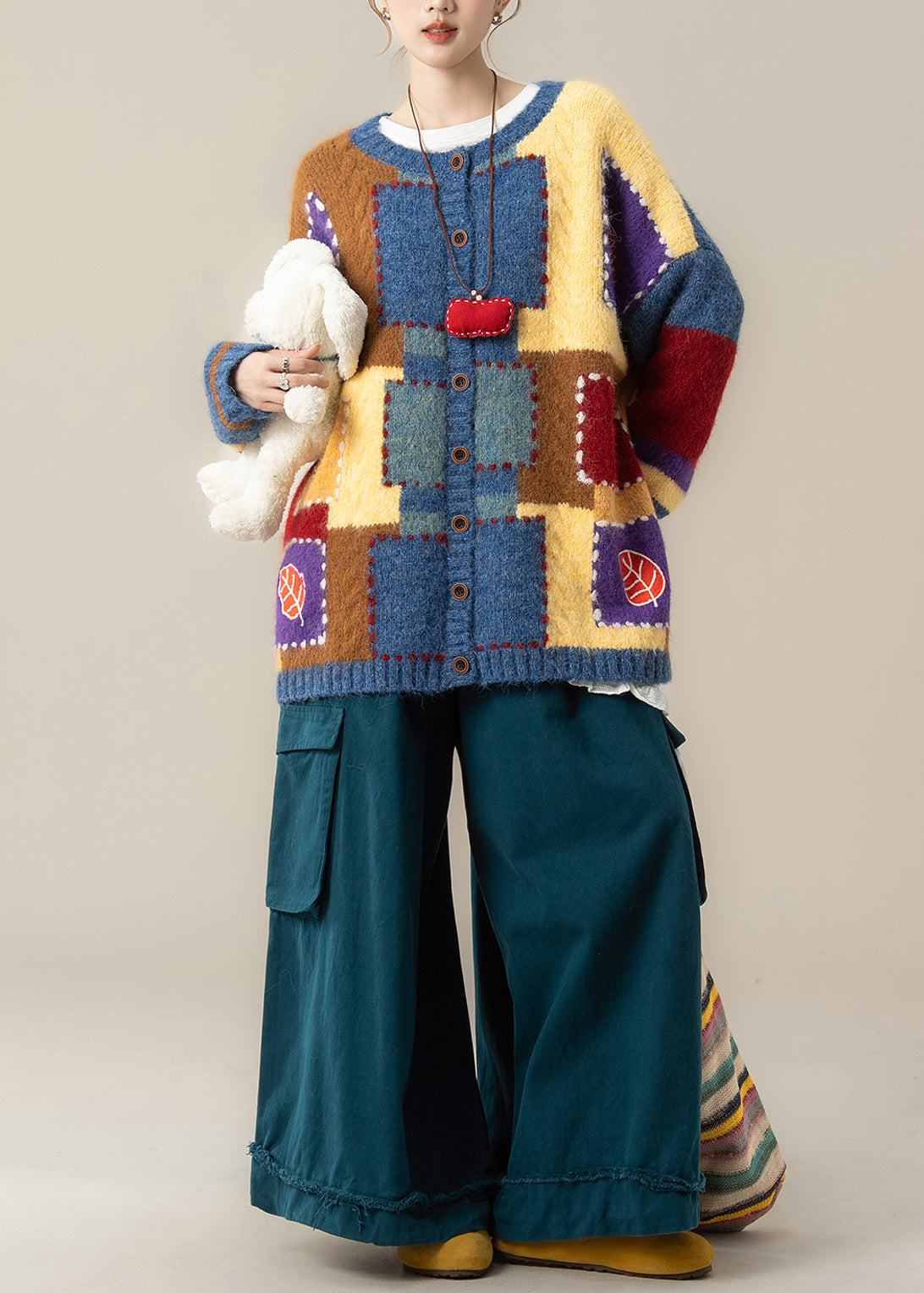 Japanischer Stil Karopullover-Mantel T-Shirt-Hosen-Set Winter