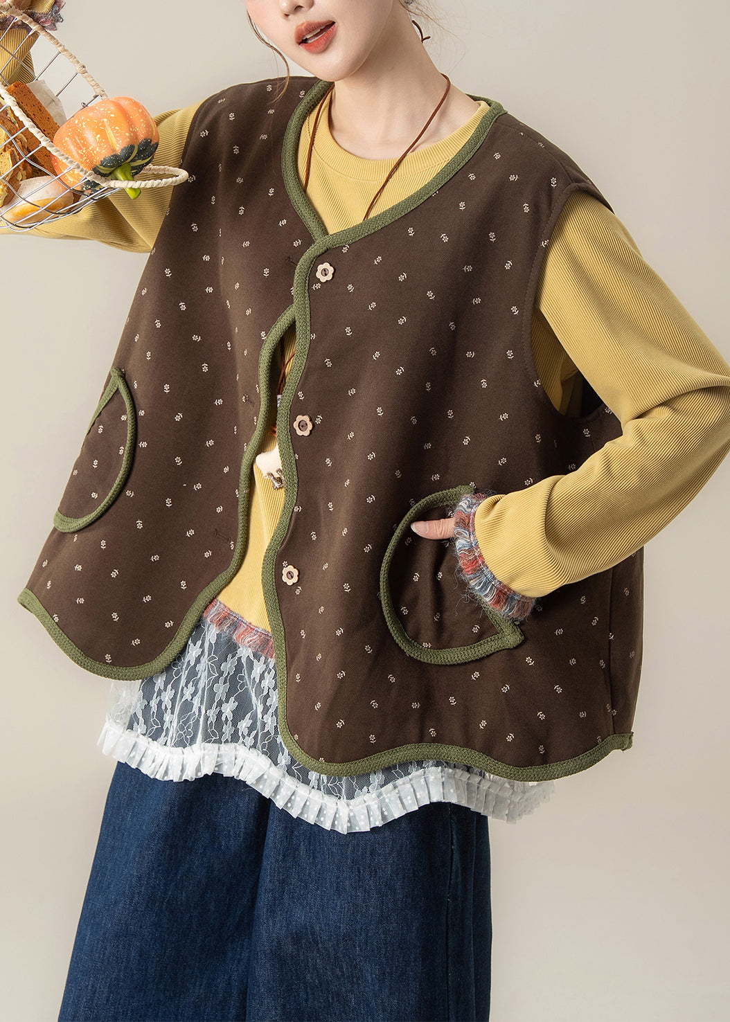 Set aus asymmetrisch bedruckter Weste und T-Shirt-Hose im japanischen Stil für den Herbst