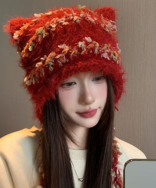 Gorro de punto rojo, bonito y cálido, con protección para las orejas, estilo japonés