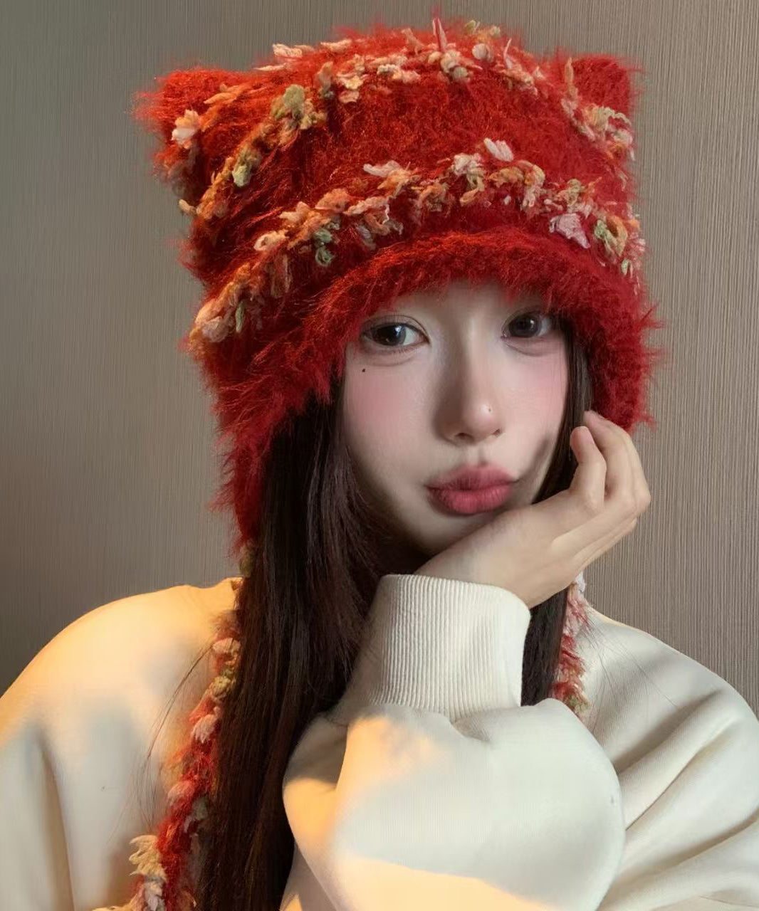 Gorro de punto rojo, bonito y cálido, con protección para las orejas, estilo japonés