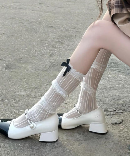 Japanese Style White Lace Patchwork Calf Socks Bow