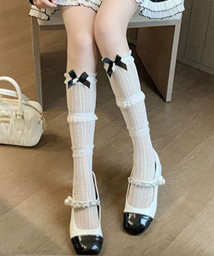 Japanese Style White Lace Patchwork Calf Socks Bow