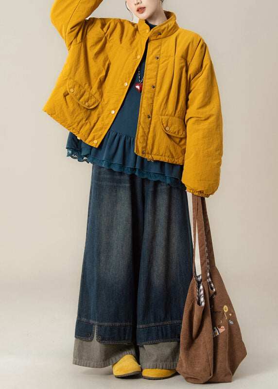Conjunto de chaqueta, camiseta y pantalones anchos de algodón fino con cuello alto amarillo japonés