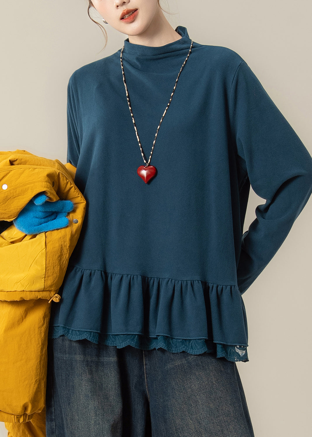 Conjunto de chaqueta, camiseta y pantalones anchos de algodón fino con cuello alto amarillo japonés
