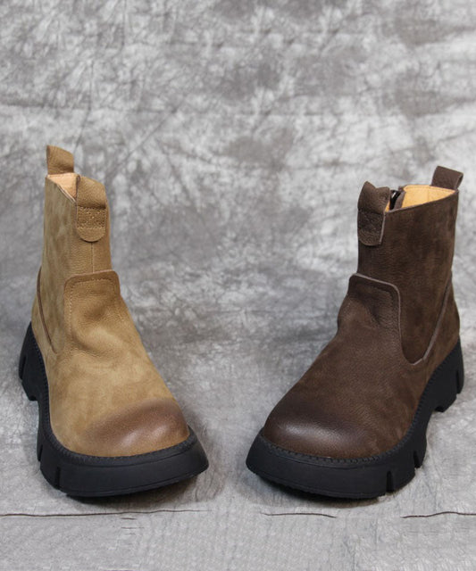 Khakifarbene Stiefel mit Plateau-Reißverschluss und schickem Rindsleder