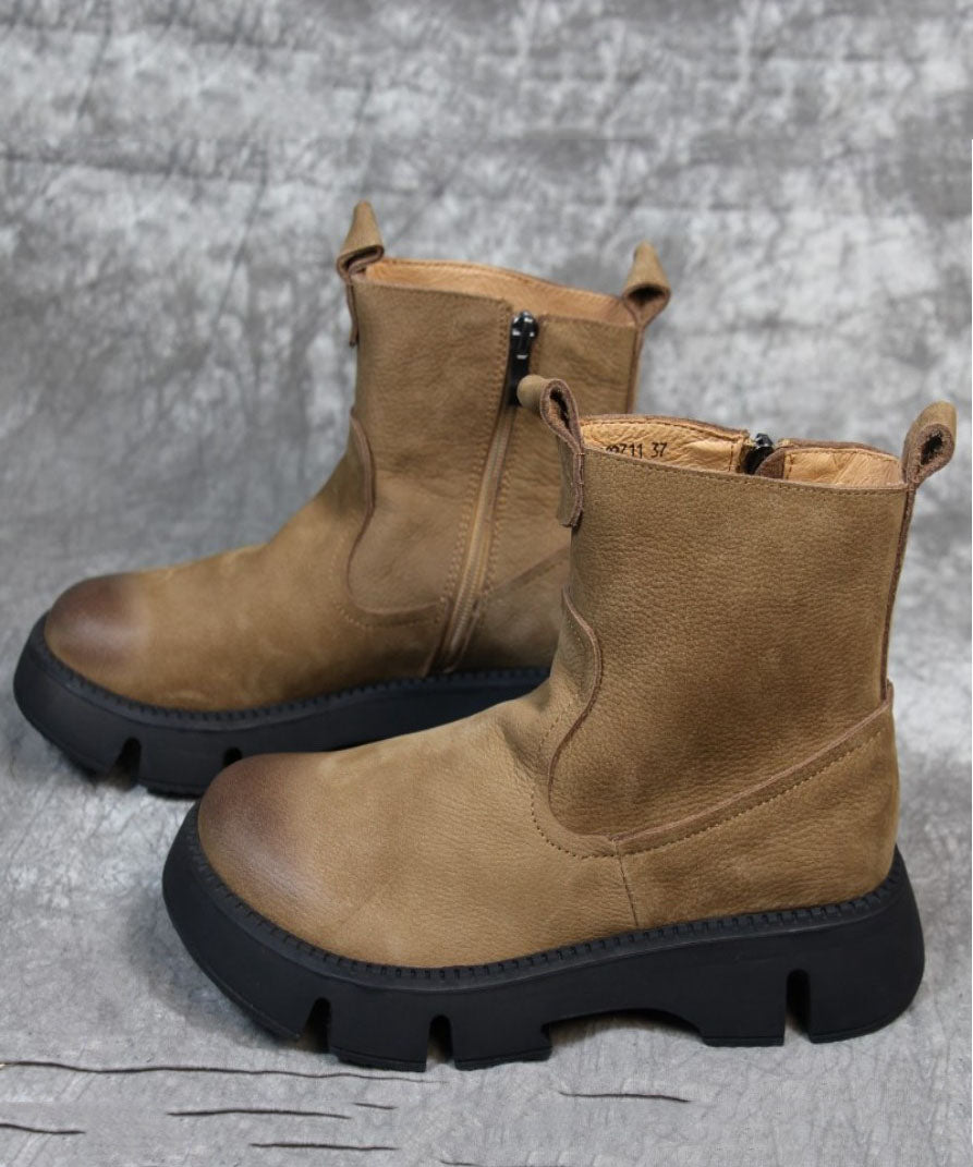 Khakifarbene Stiefel mit Plateau-Reißverschluss und schickem Rindsleder