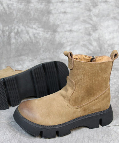 Khakifarbene Stiefel mit Plateau-Reißverschluss und schickem Rindsleder