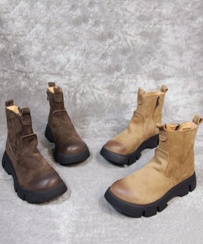 Khakifarbene Stiefel mit Plateau-Reißverschluss und schickem Rindsleder