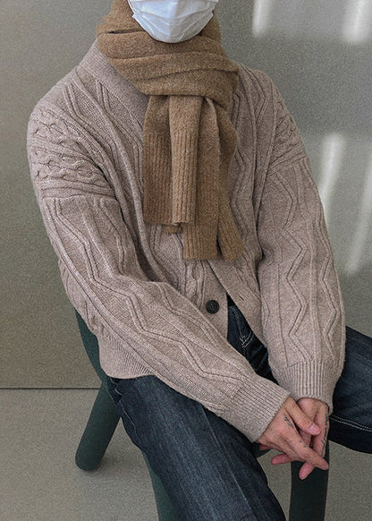 Khaki Button Cozy Silk Mens Men Coat V Neck
