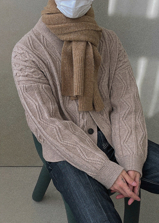 Khaki Button Cozy Silk Mens Men Coat V Neck