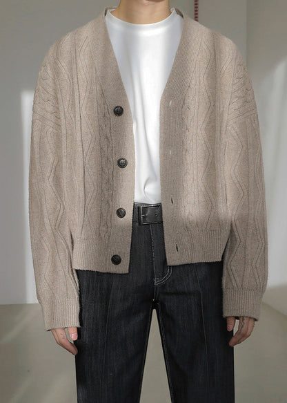 Khaki Button Cozy Silk Mens Men Coat V Neck