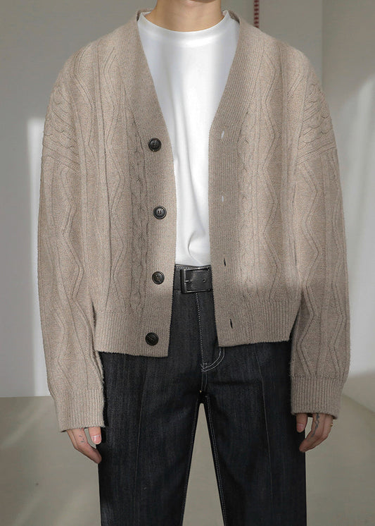 Khaki Button Cozy Silk Mens Men Coat V Neck