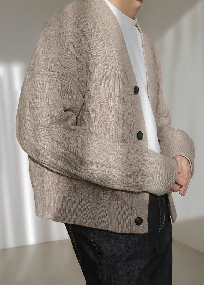 Khaki Button Cozy Silk Mens Men Coat V Neck