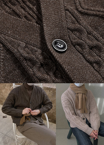 Khaki Button Cozy Silk Mens Men Coat V Neck