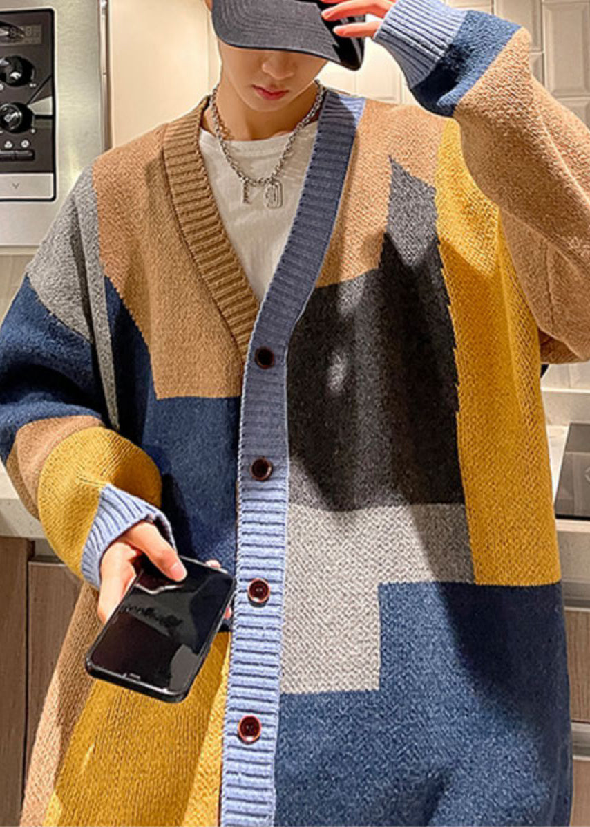 Khaki Button Oversized Knit Mens Coats Asymmetrical