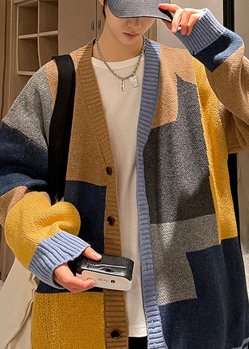 Khaki Button Oversized Knit Mens Coats Asymmetrical