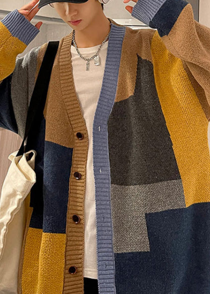 Khaki Button Oversized Knit Mens Coats Asymmetrical