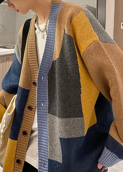 Khaki Button Oversized Knit Mens Coats Asymmetrical