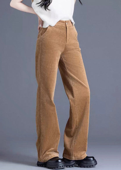 Khaki Button Pockets Corduroy Spring Pants High Waist