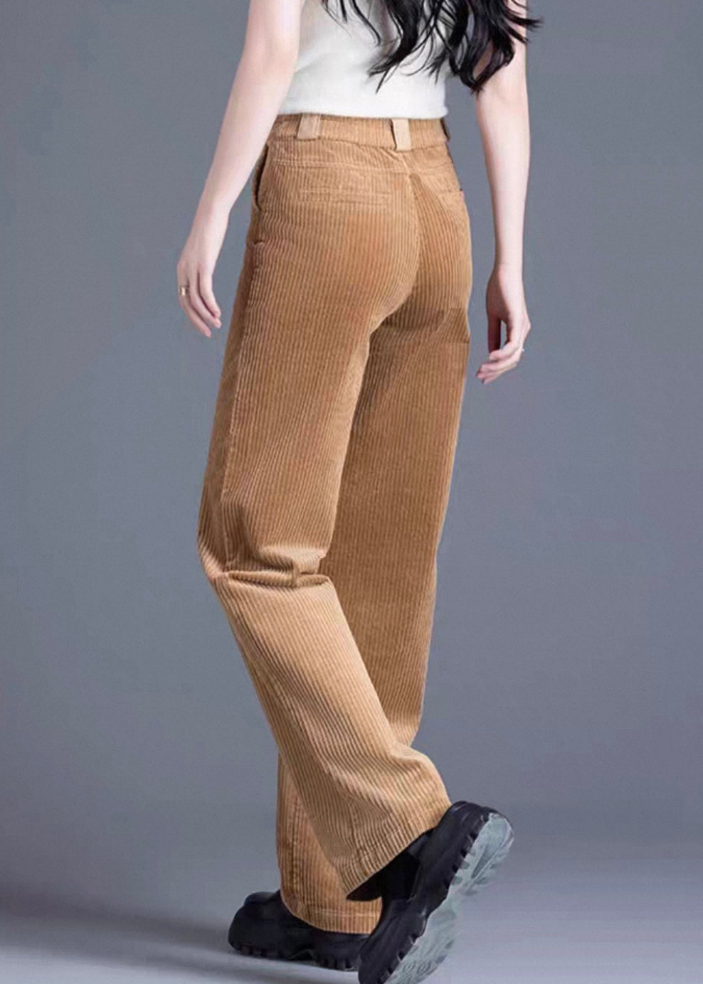 Khaki Button Pockets Corduroy Spring Pants High Waist
