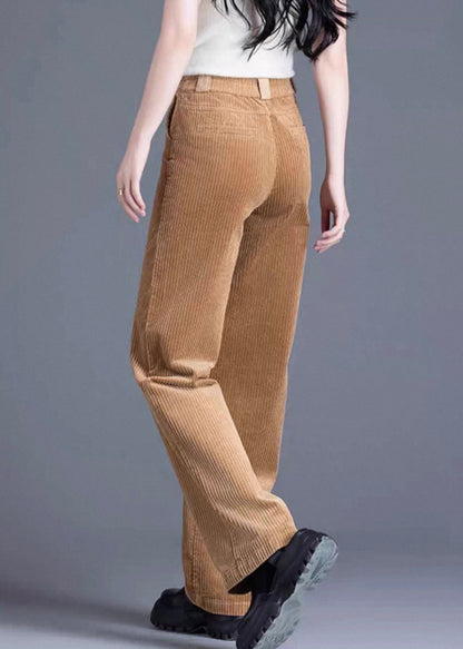 Khaki Button Pockets Corduroy Spring Pants High Waist