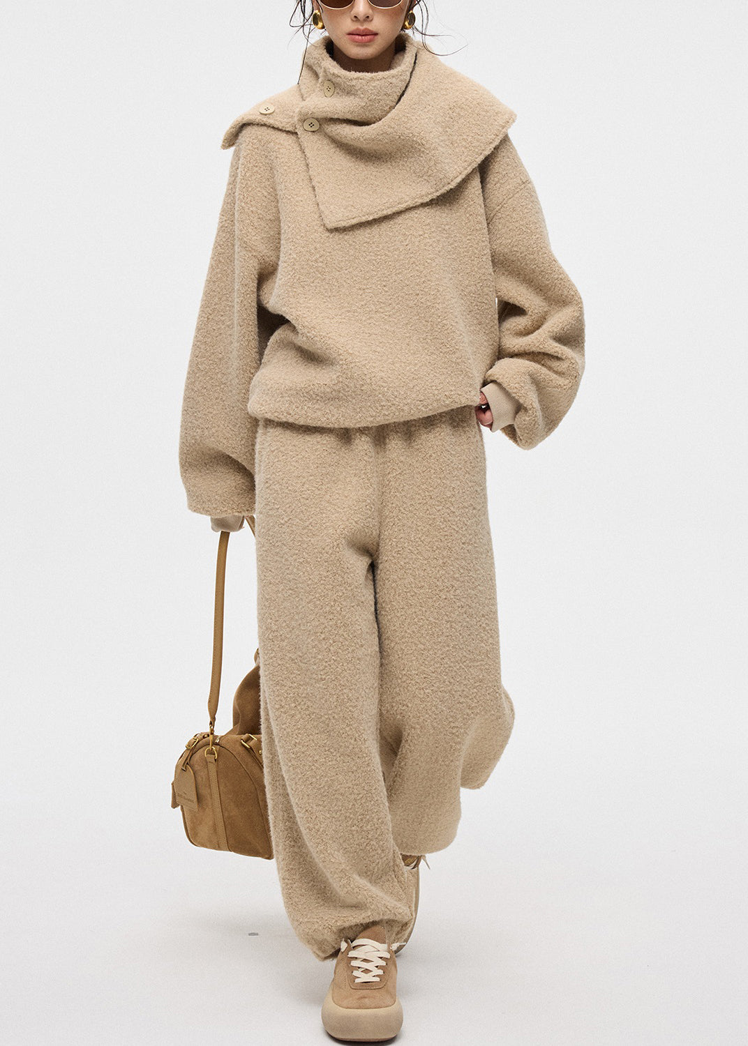 Khaki Button Scarf Sweatshirt And Pants Teddy Faux Fur Three Pieces Set O-Neck