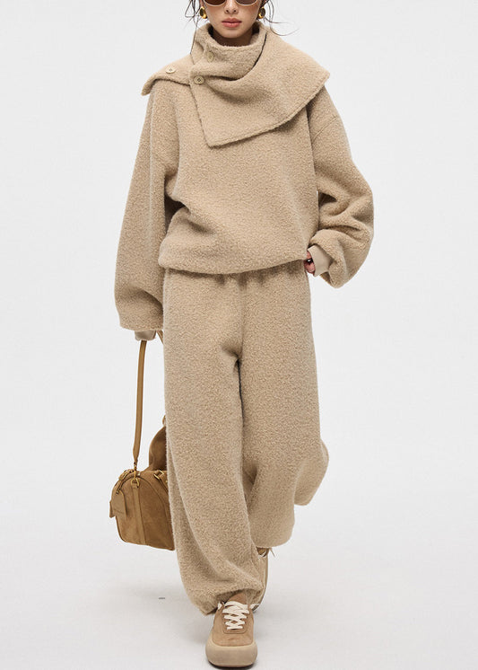 Khakifarbenes Sweatshirt und Hose mit Knopfleiste, Teddy-Kunstpelz, dreiteiliges Set, Rundhalsausschnitt