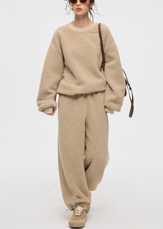 Khakifarbenes Sweatshirt und Hose mit Knopfleiste, Teddy-Kunstpelz, dreiteiliges Set, Rundhalsausschnitt