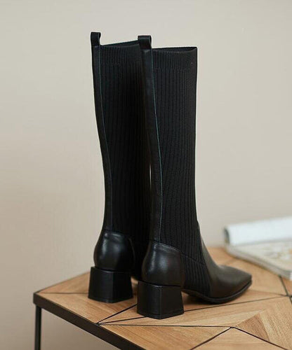 Khaki Chunky Heel Knitted Splicing Faux Leather Knee Boots
