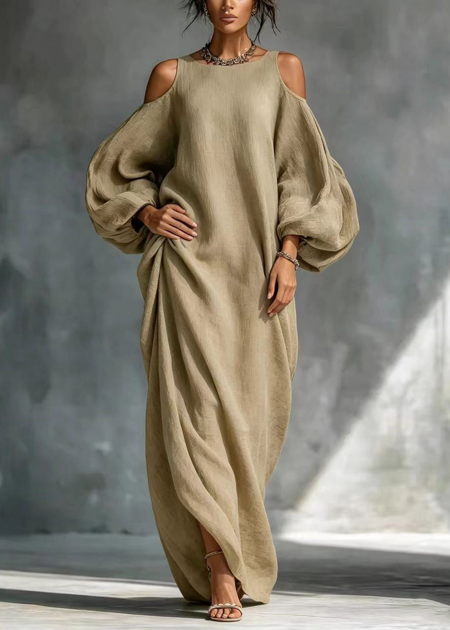 Khaki Cotton Maxi Dresses Cold Shoulder Lantern Sleeve