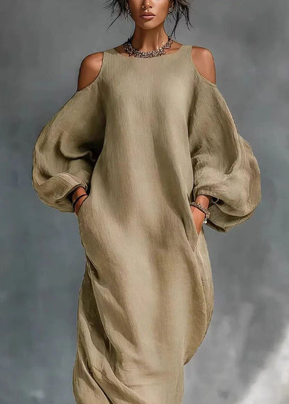 Khaki Cotton Maxi Dresses Cold Shoulder Lantern Sleeve