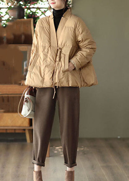 Khaki Entendaunen Wintermäntel V-Ausschnitt Oriental Button Winter