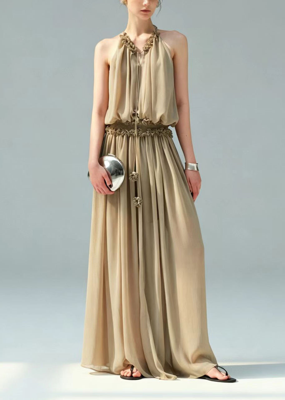 Khaki Elastic Waist Chiffon Dress Cold Shoulder Summer
