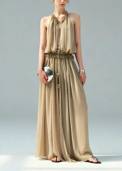 Khaki Elastic Waist Chiffon Dress Cold Shoulder Summer