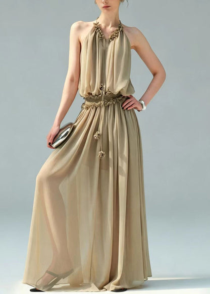 Khaki Elastic Waist Chiffon Dress Cold Shoulder Summer