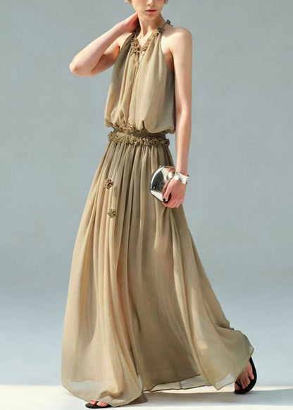 Khaki Elastic Waist Chiffon Dress Cold Shoulder Summer