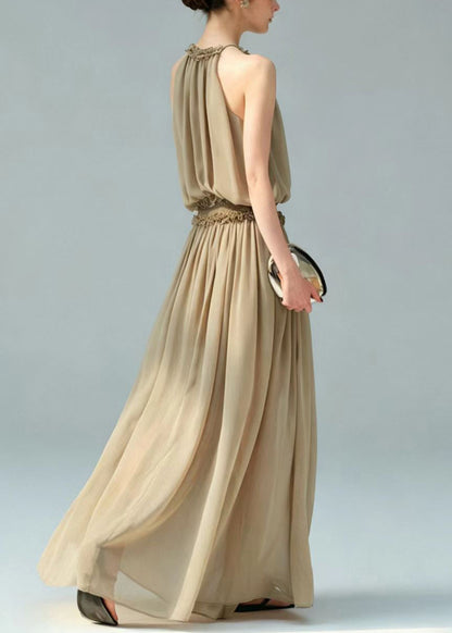 Khaki Elastic Waist Chiffon Dress Cold Shoulder Summer