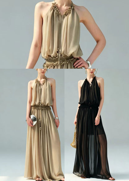 Khaki Elastic Waist Chiffon Dress Cold Shoulder Summer