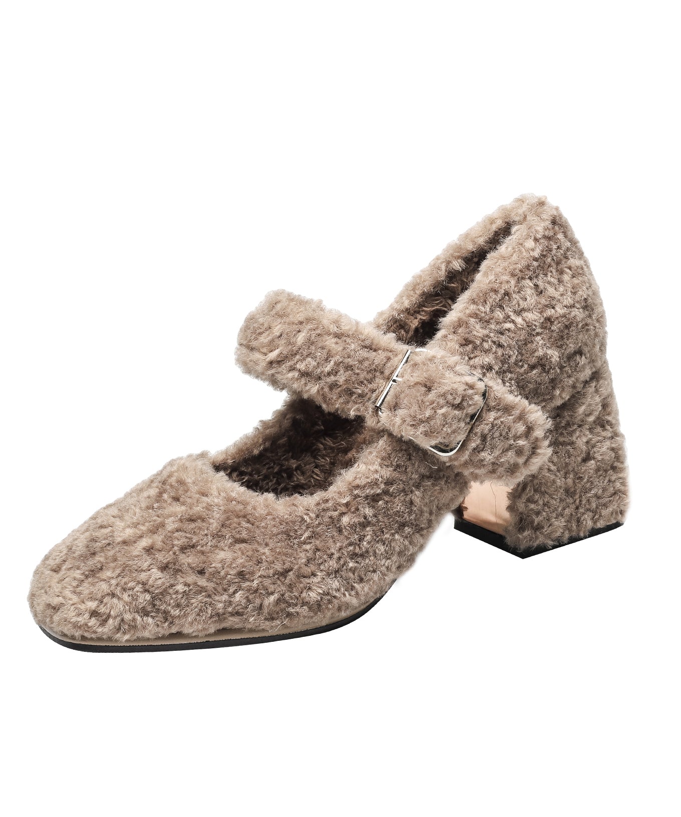 Tacones altos gruesos con tiras y hebilla de piel sintética color caqui