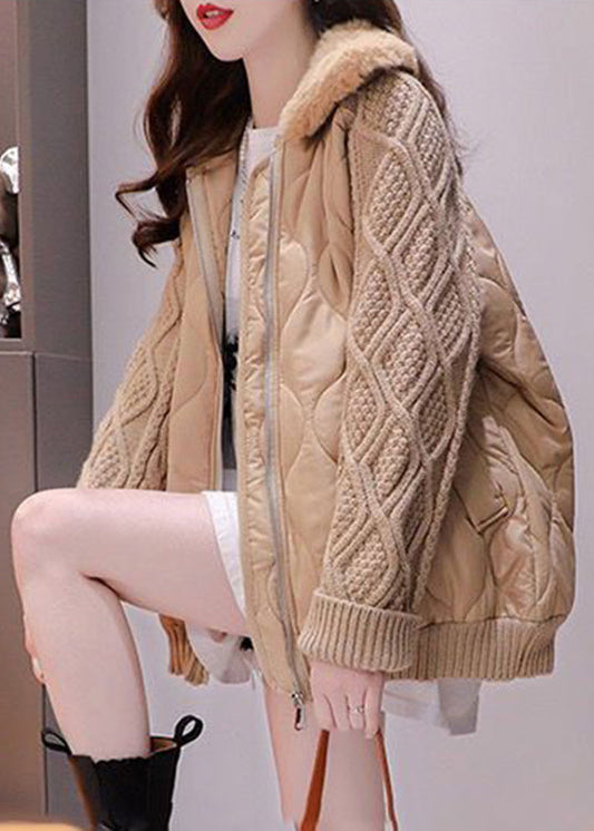 Khaki Pelzkragen Reißverschluss Strick Patchwork Parka Winter