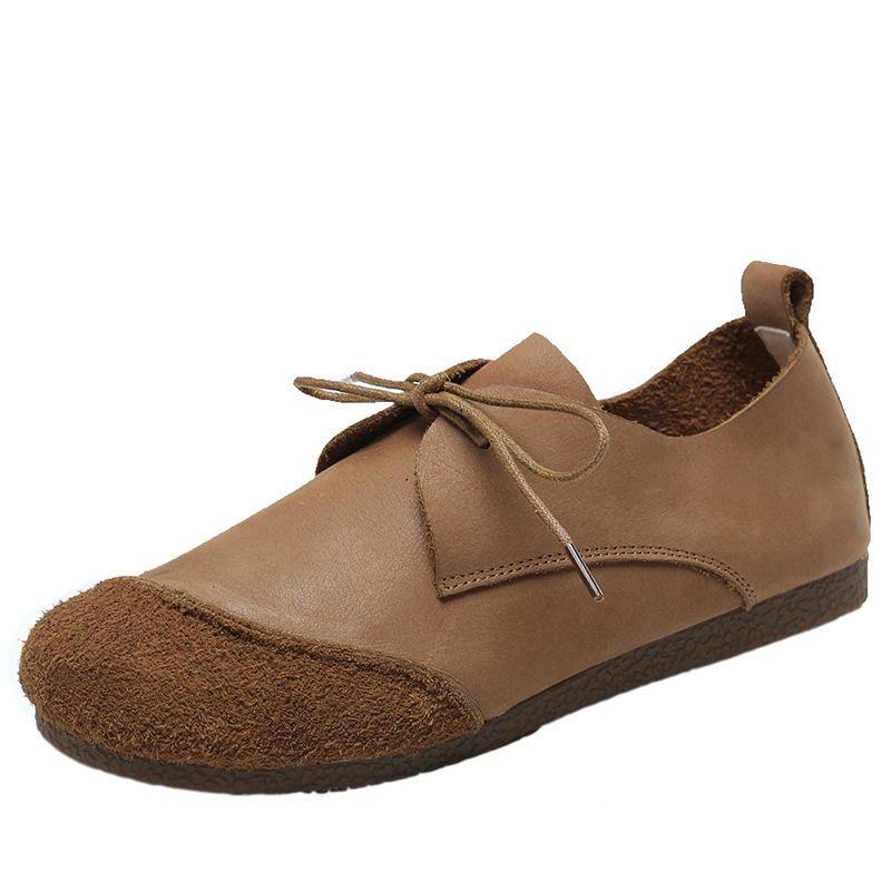 Khaki Genuine Leather Flat Shoes For Women Lace Up Splicing Flat Shoes - SooLinen