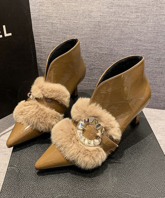 Khaki High Heel Faux Leather Beautiful Fur Splicing Boots