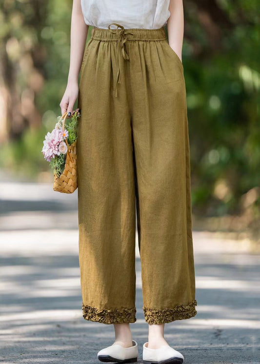 Khaki Lace Up Solid Linen Pants Ruffled Summer
