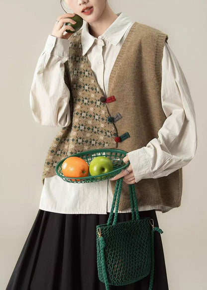 Khakifarbene, locker gestrickte kurze Westen mit asymmetrischem Design für den Winter