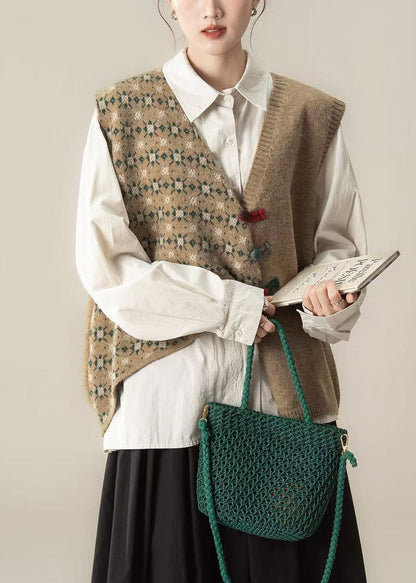 Khakifarbene, locker gestrickte kurze Westen mit asymmetrischem Design für den Winter